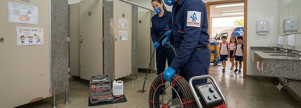 Profissional realizando Desentupimento e Manutenção Preventiva para Escolas, Colégios e Creches em Itapema