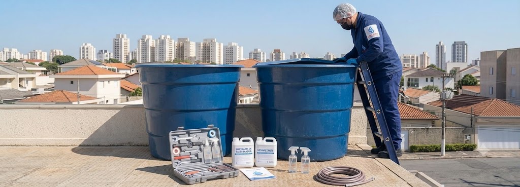 Profissional realizando Imunização e Desinfecção Bacteriológica de Caixas D'água em Itapema